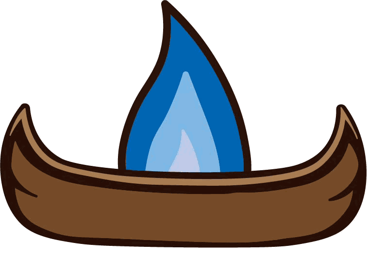 A wooden voyageur canoe carrying a blue propane flame